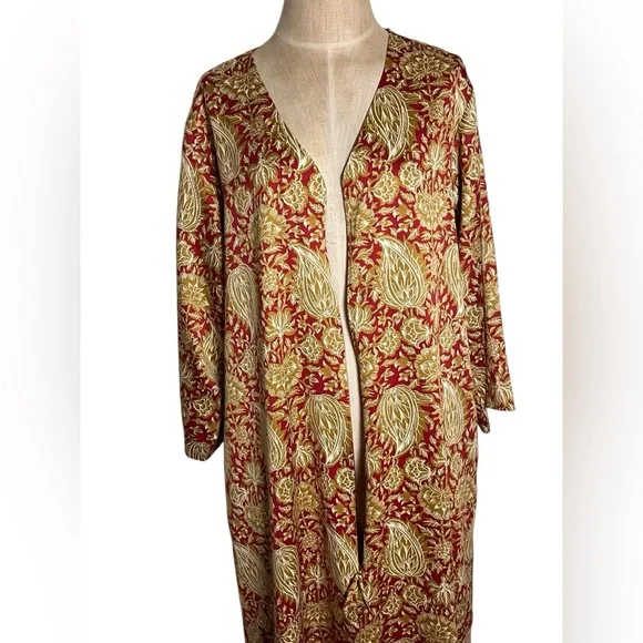Natori Georgette Zip Front Caftan Kimono Red Gold Paisley Comfort — Large - Picture 4 of 12